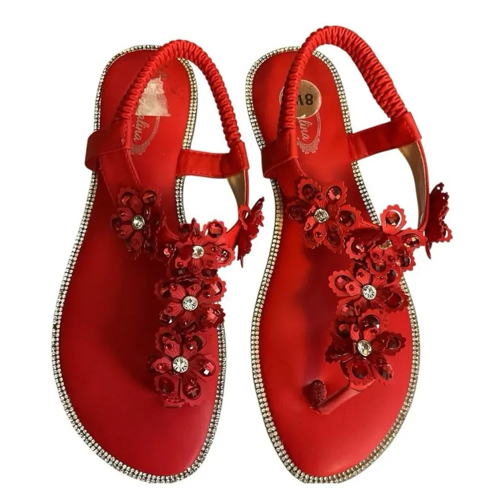 Atalina Red Beaded Floral Thong Sandals Size 8W Wide - Picture 2 of 11